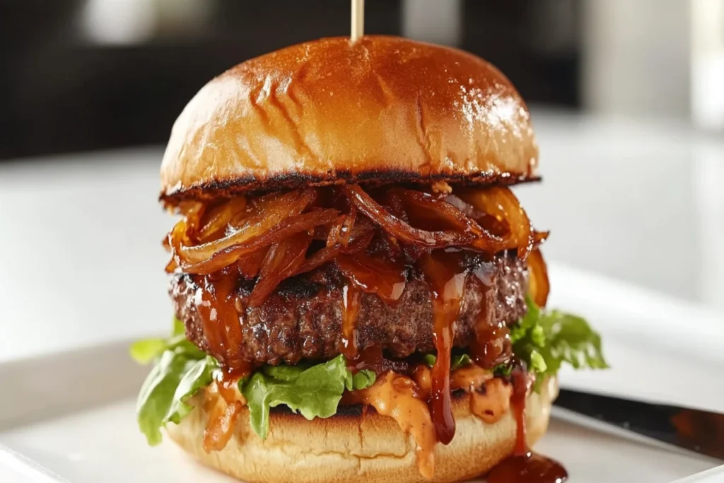What Is the Secret Ingredient in a Good Burger? 8 Assembled gourmet burger with brioche bun and signature sauce
