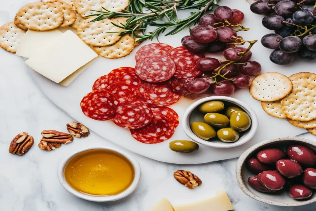 homemade beef pepperoni Charcuterie board with beef pepperoni, assorted cheeses, olives, nuts, and crackers arranged on a white marble surface.