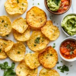 Cottage Cheese Chips Recipe: Healthy & Easy Snack Idea 9 Golden-brown cottage cheese chips with guacamole and salsa on a white marble surface