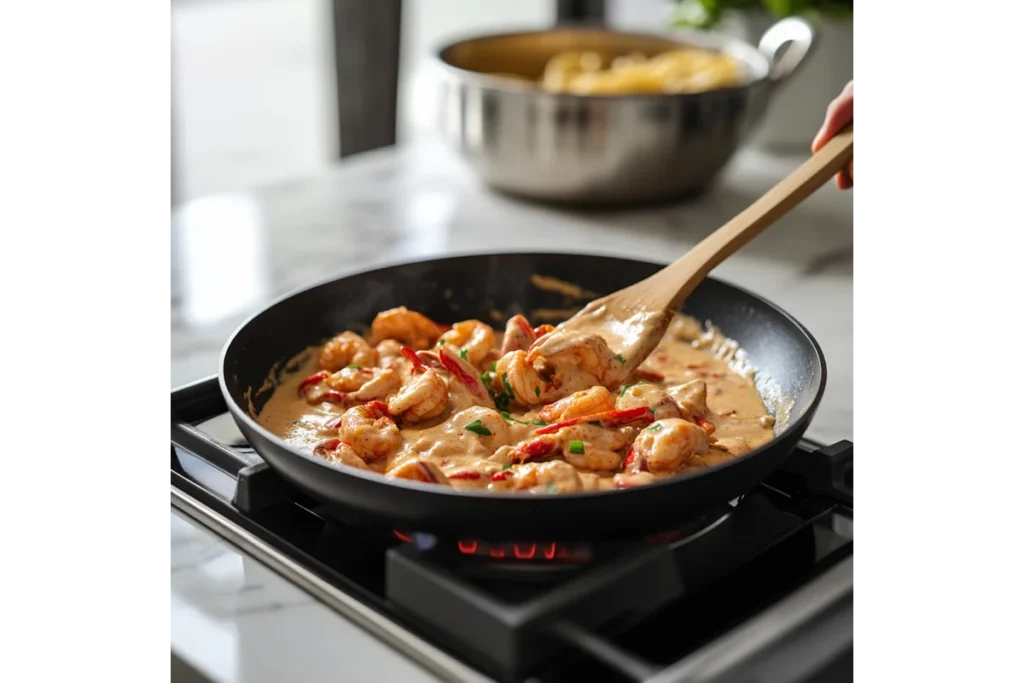 Crawfish Fettuccine Recipe: A Flavorful Cajun Delight 7 Cooking creamy Cajun sauce with crawfish tails on a stovetop for crawfish fettuccine