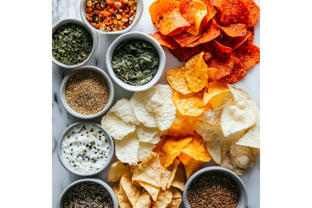 Cottage Cheese Chips Recipe: Healthy & Easy Snack Idea 8 Variety of flavored cottage cheese chips with seasonings on a white marble surface