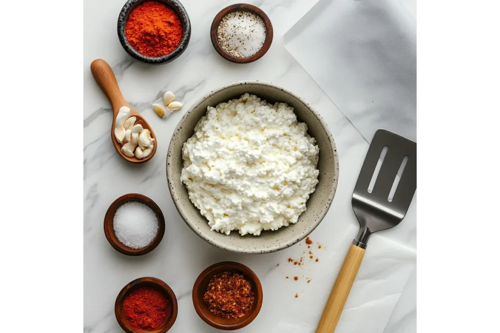 Cottage Cheese Chips Recipe: Healthy & Easy Snack Idea 6 Mixing bowl with cottage cheese and seasoning bowls on a white marble surface