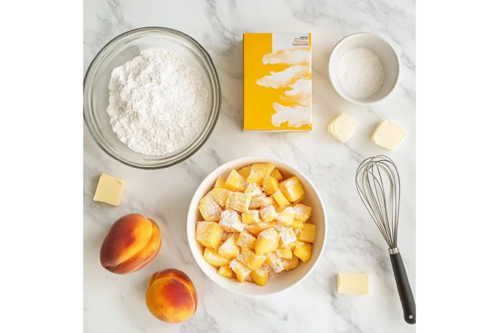 Irresistible Peach Cobbler Recipe with Cake Mix 6 Ingredients for peach cobbler recipe with cake mix including peaches, butter, sugar, and yellow cake mix on a white marble surface