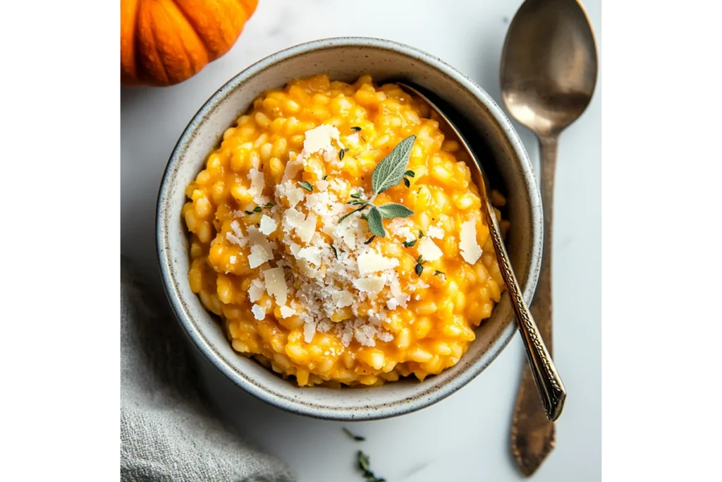 1 Cup of Pumpkin Recipes: Easy & Healthy Fall Cooking 6 Creamy pumpkin risotto with Parmesan cheese and fresh herbs, styled elegantly on a white marble surface