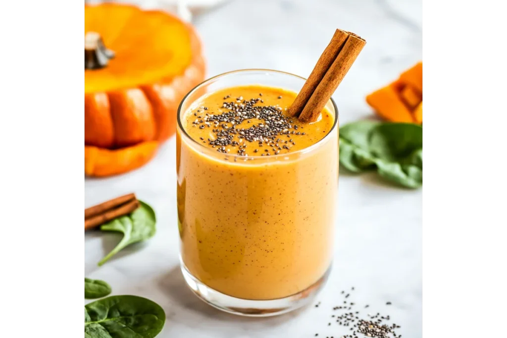 1 Cup of Pumpkin Recipes: Easy & Healthy Fall Cooking 7 Vibrant pumpkin smoothie with chia seeds and cinnamon, styled elegantly on a white marble counter for a healthy fall drink idea