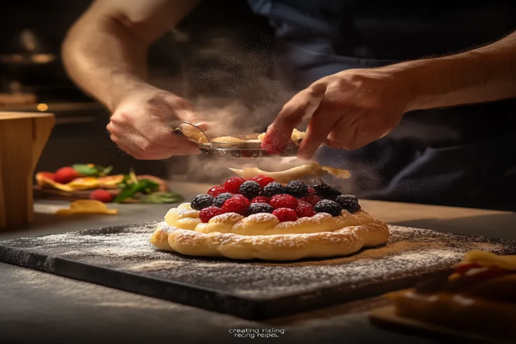 creating rising recipes A close-up of hands kneading soft, elastic dough on a lightly floured surface, with ingredients like yeast, flour, and olive oil visible in the background. Golden baked goods