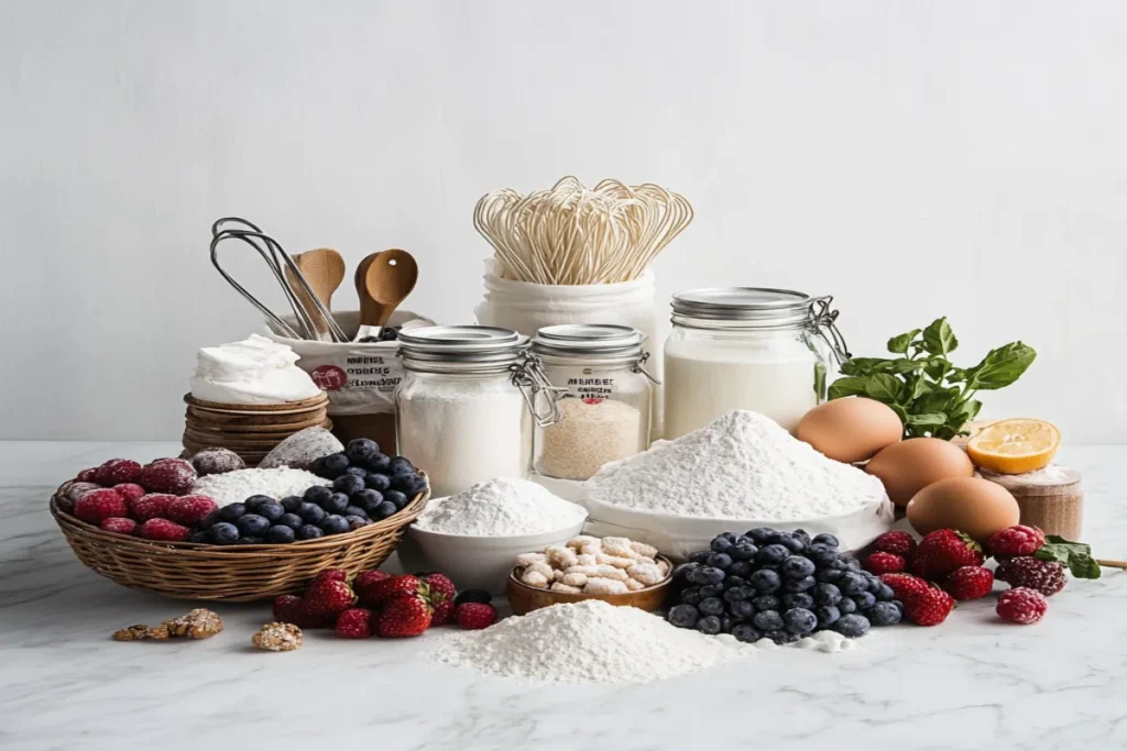 ingredients for rising recipes A variety of freshly baked rising recipes, including golden garlic butter parmesan knots, soft dinner rolls, and artisan sourdough bread, displayed on a rustic wooden table.