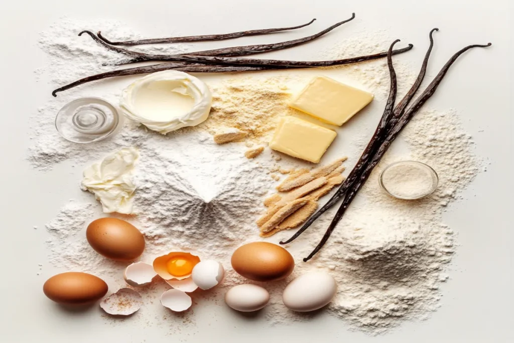 madeline cookie ingredients Ingredients for Madeleine cookies: butter, eggs, flour, sugar, and vanilla arranged on a countertop.