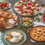Discover Delicious Rising Recipes for Every Meal 3 A collection of freshly baked bread and pastries, showcasing the light and airy textures achieved through rising recipes. The image features golden-brown garlic butter parmesan knots, soft dinner rolls, and a rustic loaf of sourdough bread, all dusted with flour and garnished with herbs.