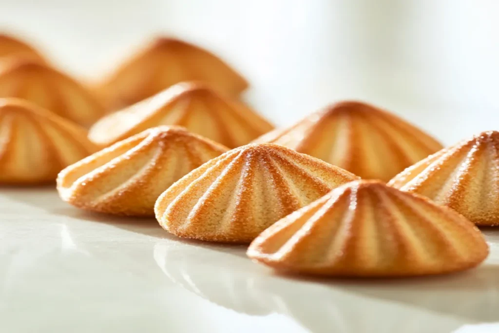 what are madeline cookies Plate of golden-brown Madeleines, shell-shaped and lightly dusted with powdered sugar, ready to be served."