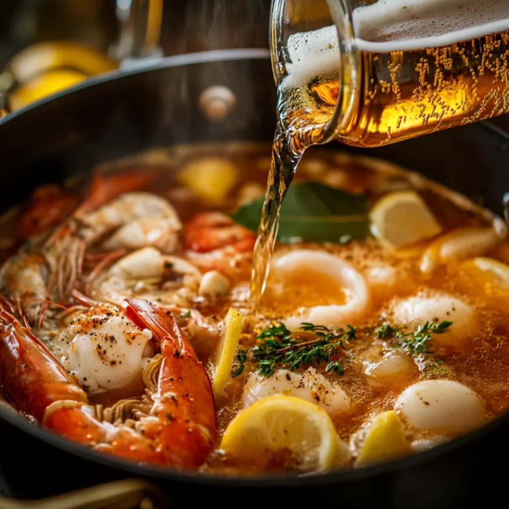What Liquid is Used in a Seafood Boil? A Comprehensive Guide 2 Golden beer poured into a seafood boil pot with garlic, bay leaves, and spices