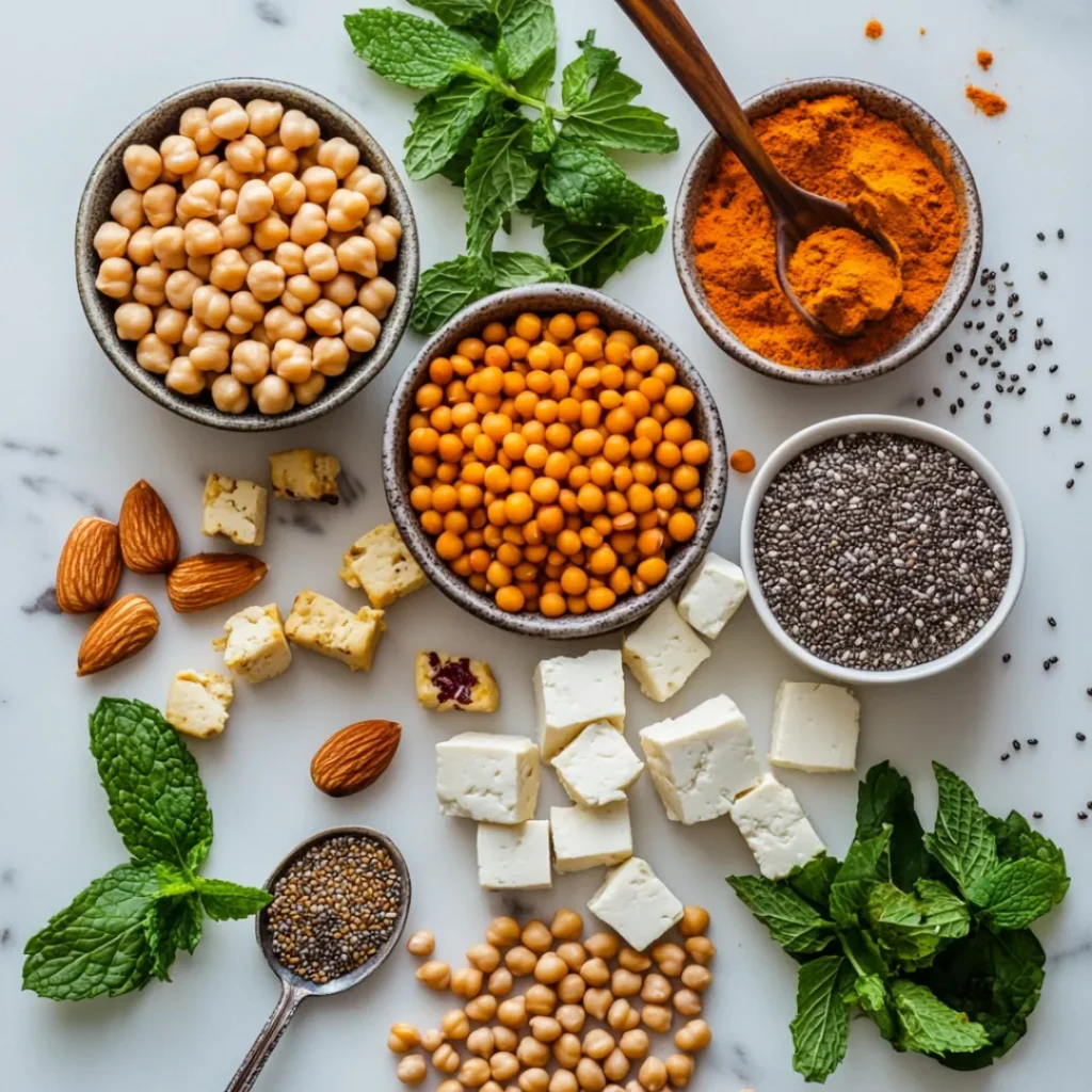 Top 10 Protein Foods for a Balanced Diet 3 Colorful arrangement of lentils, chickpeas, tofu cubes, chia seeds, and almonds on a white marble surface with fresh mint leaves.