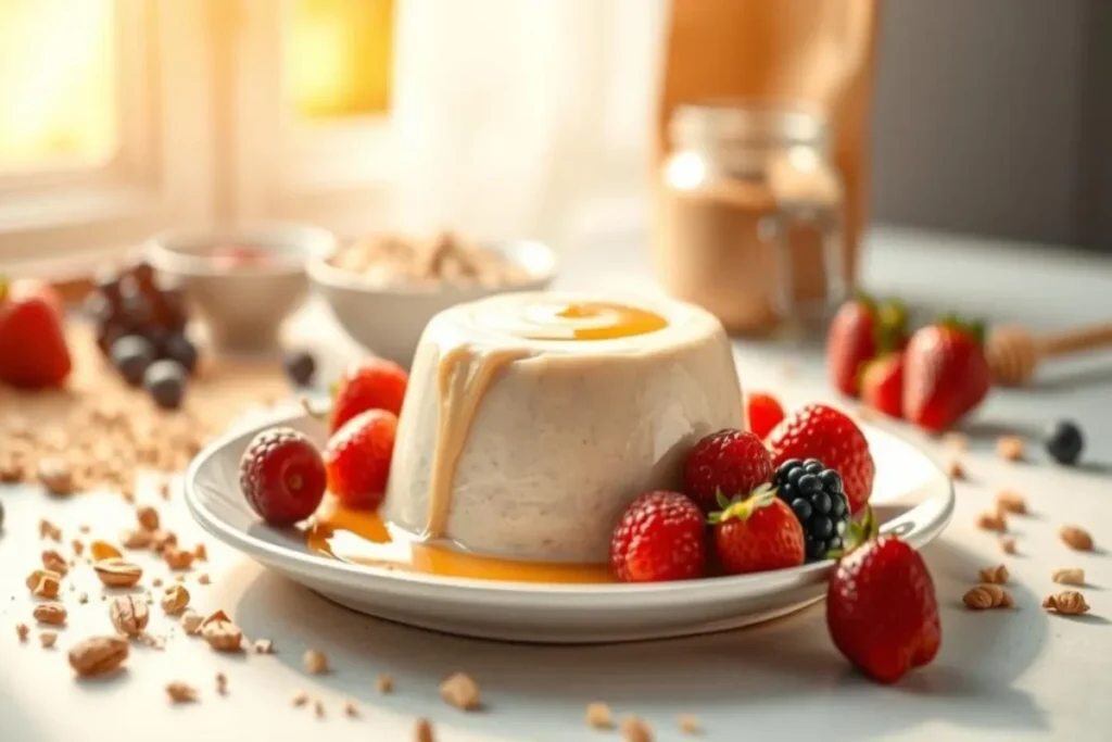 health benefits of protein pudding A bowl of smooth protein pudding topped with fresh berries and nuts, placed on a wooden surface with a spoon beside it.